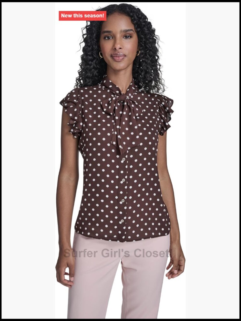 Sleeveless Ruffle Blouse Tie Neck 100% Polyester Work Top